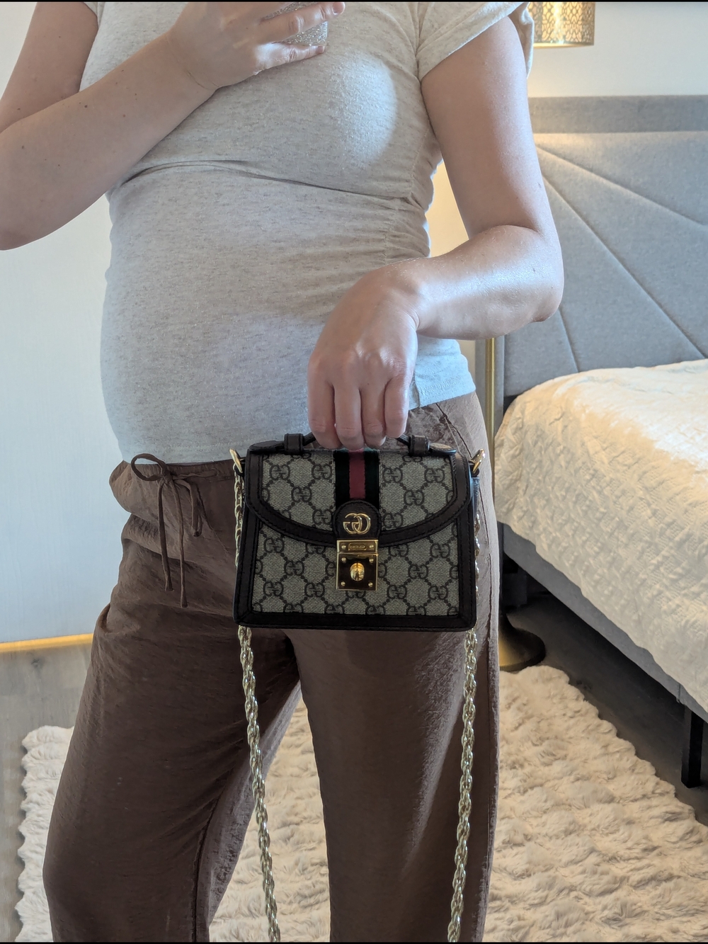 Gucci GG Ophidia Top Handle Mini Chain Shoulder Bag in Beige/Green/Red - Picture 13 of 16